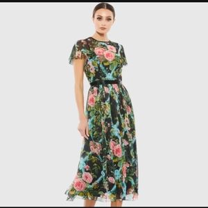 Mac Duggal Floral Illusion Cap Sleeve Midi Dress